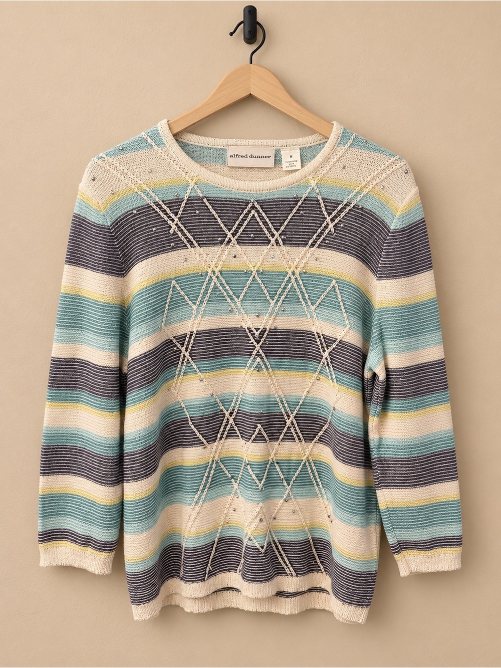 Alfred Dunner Cream, Aqua & Navy Striped Openwork Crew Sweater